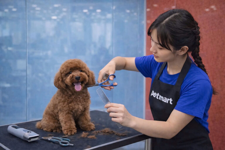 Học viên khóa đào tạo nghề chăm sóc thú cưng Pet Mart thực hành cắt tỉa lông chó mèo cùng giảng viên