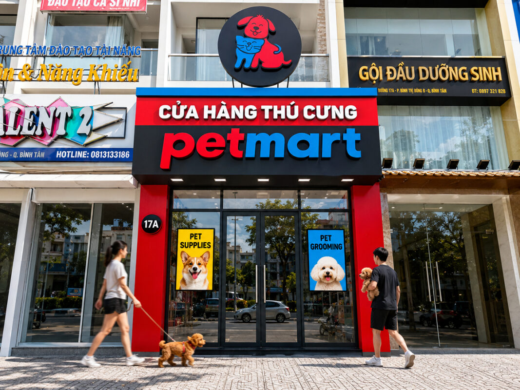 Cửa hàng thú cưng Pet Mart tại số 38 Đường 17A, Phường An Lạc, Hồ Chí Minh – bán thức ăn, phụ kiện cho chó mèo, dịch vụ cắt tỉa lông, tắm spa và khách sạn thú cưng