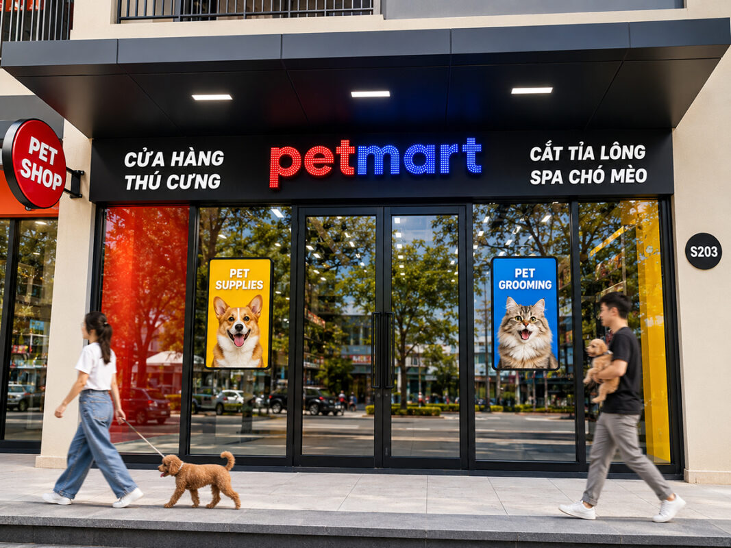 Cửa hàng thú cưng Pet Mart tại Tòa nhà S2.03 Vinhomes Smart City, Phường Tây Mỗ, Hà Nội – bán thức ăn, phụ kiện cho chó mèo, dịch vụ cắt tỉa lông, tắm spa và khách sạn thú cưng